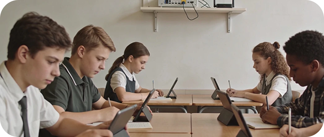 Students using tablets in a low-resource classroom